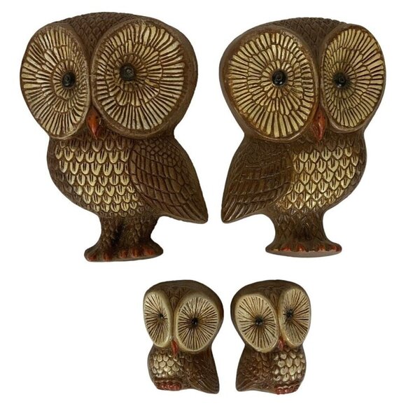 Owl Family Wall Plaque Set Of 4 Foam Kitsch Big Eyes Brown Orange Vtg 70s Decor - Picture 1 of 4